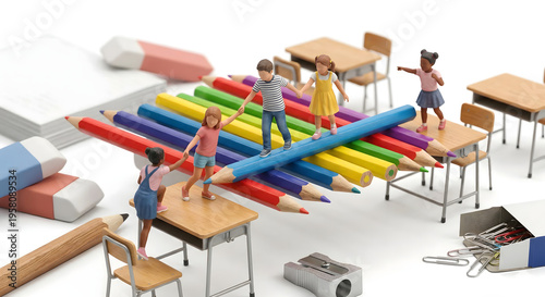 色鉛筆の橋を渡る子供たち　協力と絆のイメージ　ミニチュア　学校　コンセプト
