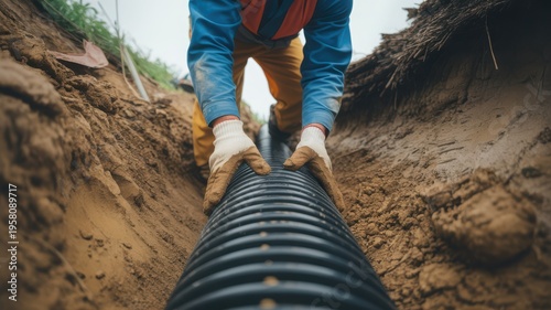 A worker installs a corrugated drainage pipe in a muddy trench.