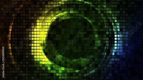 Colorful neon circles with squares halftone abstract technology background. Futuristic glowing motion design. Seamless loop. Video animation Ultra HD 4K 3840x2160