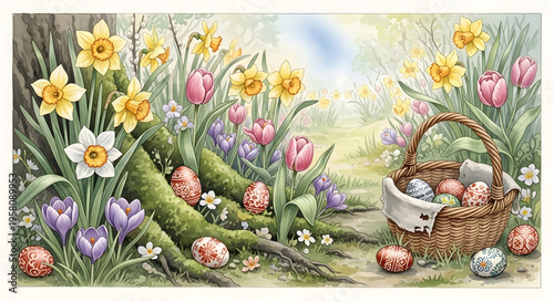 Vintage Watercolor Easter Garden Background with Daffodils and Tulips