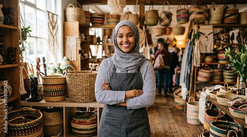 A smiling woman in a hijab stands confidently in her artisan basket shop