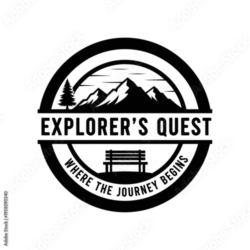 Explorers Quest Logo Featuring Mountains and Bench.