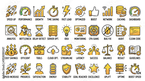 Business performance icon set in hand-drawn doodle style. A collection of linear icons, including growth, speed, server, efficiency, data, monitoring, cloud, audit