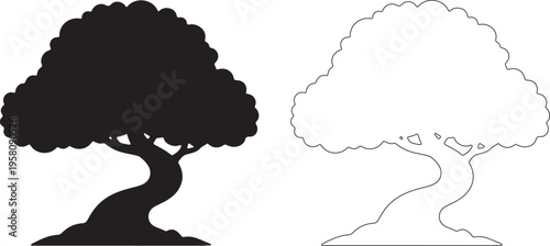 Black silhouette of a bonsai tree on a white background