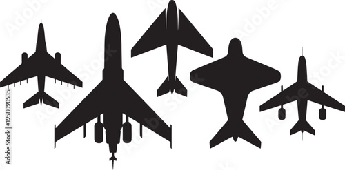 Black silhouettes of airplanes in different views aircraft