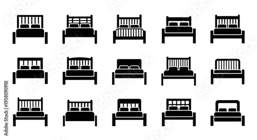 Collection of black bed silhouettes in various styles and arrangements on white background for design and decoration
