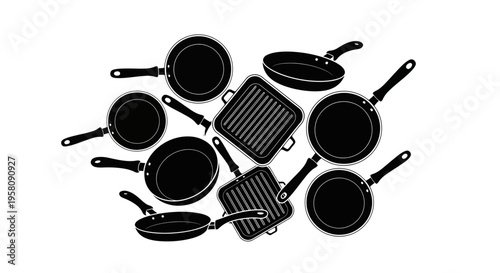Collection of black frying pans and griddles on white background for cooking and kitchen use