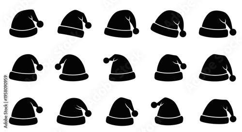 Collection of black santa hats in various positions and angles on white background for christmas design