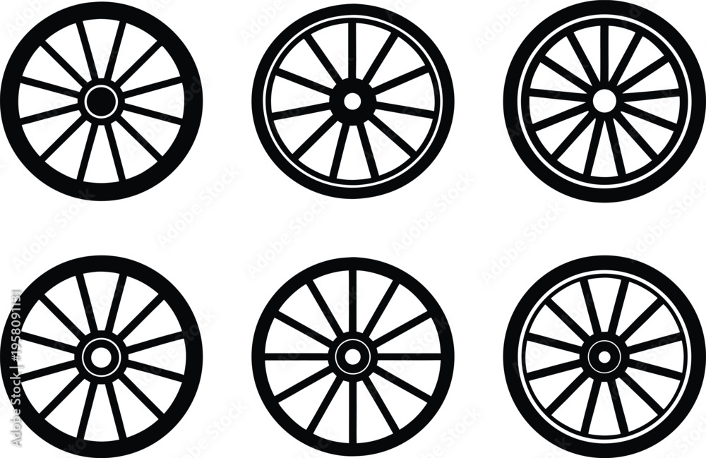 Fototapeta premium Wagon wheel vector icon set black and white flat design