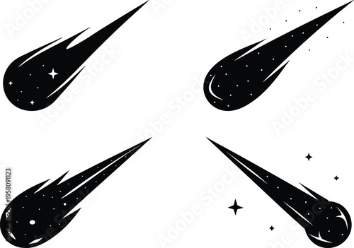Falling meteor and comet space icons vector illustration set