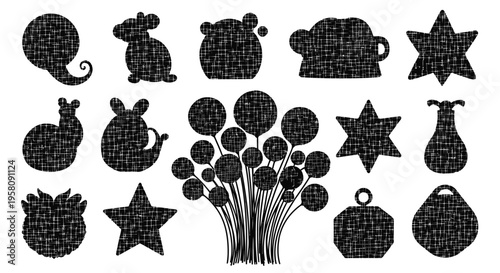 Black silhouettes of festive holiday decorations and objects on white background