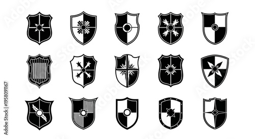 Collection of 15 unique heraldic shields with various designs and patterns on white background