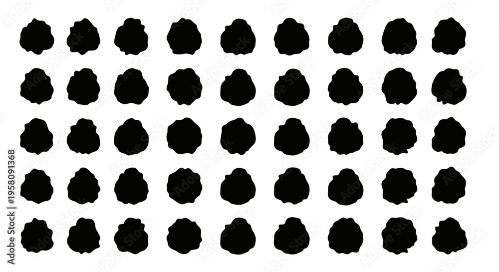 Fototapeta premium Black puffy paint splatters arranged in grid pattern on white background for artistic design