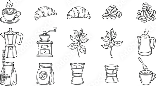 Collection of black and white line depicting coffee related and pastries