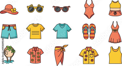 Collection of flat summer vacation clothing and accessories flat beachwear