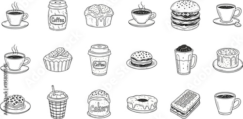 Collection of hand drawn coffee drinks and baked goods coffee cup coffee mug hot drink steaming coffee