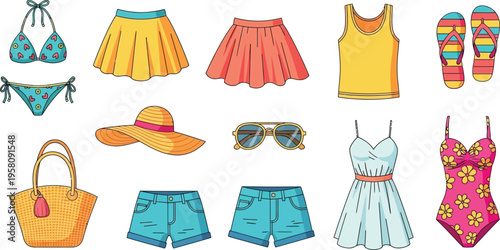 Collection of summer clothing and accessories including bikini shorts skirt tank dress flip flops hat sunglasses and beach bag