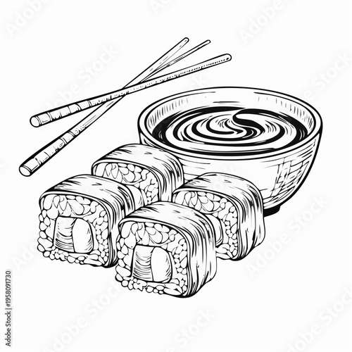 Sushi set with soy sauce outline sketch vector illustration