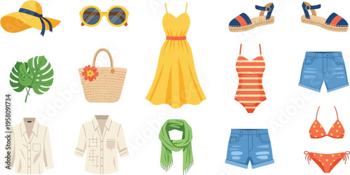 Yellow sun hat sunglasses straw bag yellow dress striped swimsuit blue denim shorts green scarf beige shirts orange polka dot bikini