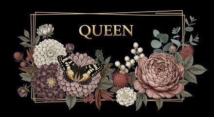 A butterfly sitting on flowers with the word queen