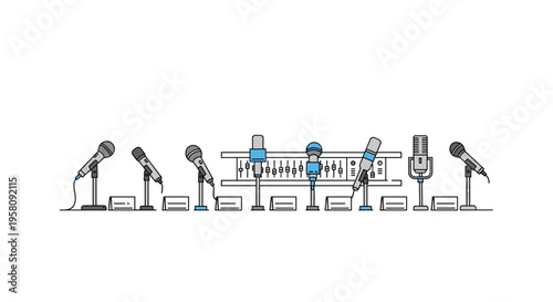 Various microphones on stands and a sound mixer are arranged horizontally on a plain white background.