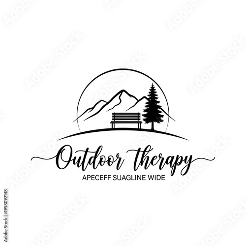 Outdoor Therapy Logo Design with Mountains and Bench.
