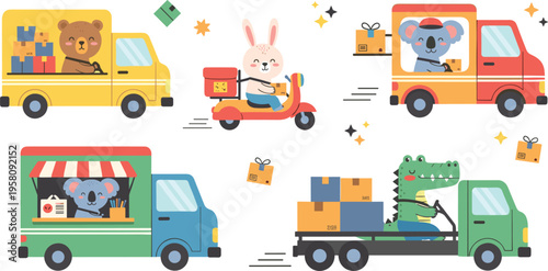 Cute animal delivery vehicles set with trucks and scooter courier characters, logistics shipping service cartoon flat vector illustration collection