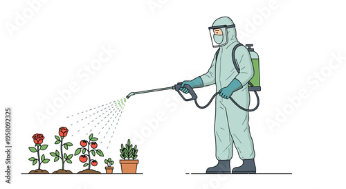 A person in a protective suit sprays plants with a backpack sprayer on a white background.
