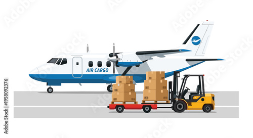A white and blue air cargo plane is loaded with boxes by a forklift on an airfield.