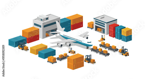 An isometric air cargo logistics hub with a plane, containers, and forklifts is on a grey platform.