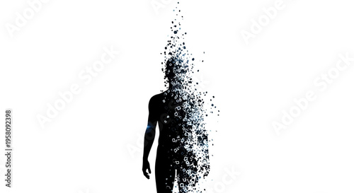 Disintegrating man, dissolving human, particle explosion, abstract silhouette, black and white