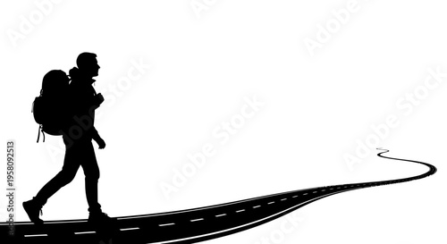 Vector silhouette of a hiker walking on a winding road