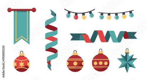 Colorful Christmas Ornaments and Ribbons.