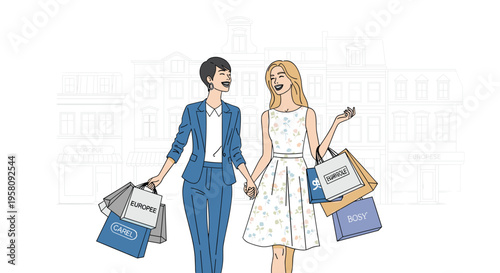 Two smiling women are holding hands and carrying shopping bags while walking in front of a city building outline.