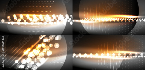 Abstract backgrounds feature glowing particles, lines, circles. Dark backdrop enhances bright light effects, creating dynamic visuals.
