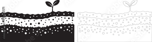 Black silhouette of layered soil with a sprouting plant