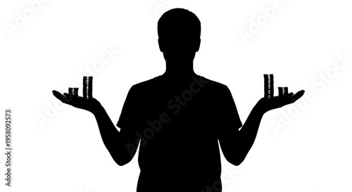 Silhouette of person holding pills, medicine, or supplements, health and wellness concept, black silhouette on white background