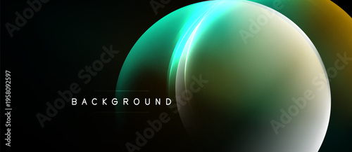 Abstract design features glowing orb, gradient colors. Dark background enhances visual impact, modern aesthetic. Simple text label present.