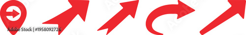 Collection of red arrows and pointer icons representing direction navigation and movement for web design and UI elements isolated on a white background