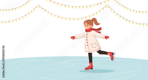 A young girl in a winter coat and scarf gracefully ice skates on a rink under a string of festive lights.