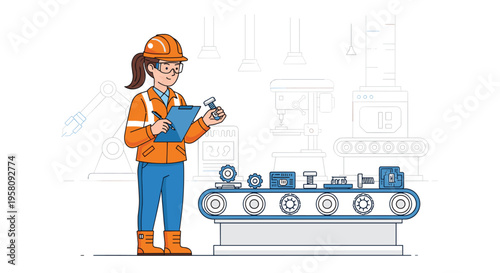 A female engineer in a hard hat and safety glasses inspects a metal component on a conveyor belt in a factory.