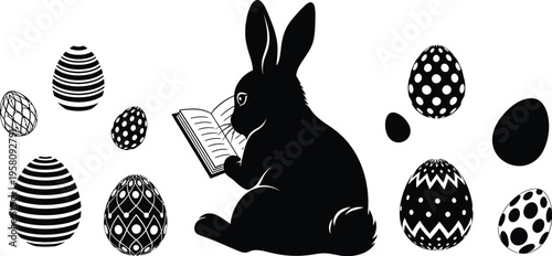 Silhouette vector graphic illustration of an intelligent rabbit character sitting and diligently reading an open book surrounded by various patterned easter eggs