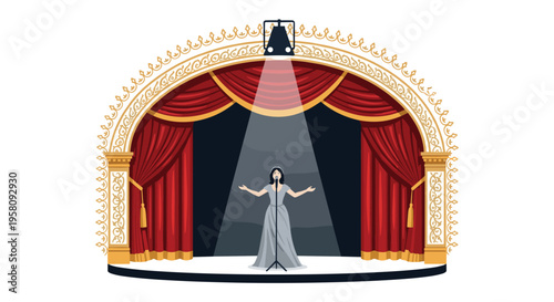 A female singer in a grey gown performs on an ornate stage with red curtains under a single spotlight.