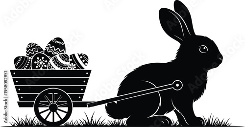 Silhouette vector graphic illustration depicts a hardworking Easter bunny pulling a small wooden cart filled with intricately decorated holiday eggs