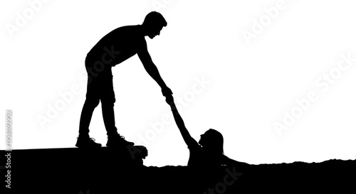 Vector silhouette of man mowing lawn with push mower