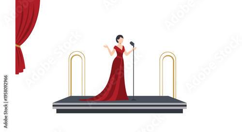 A female singer in a red gown stands on an elevated stage holding a microphone with partial red curtains and golden arches.