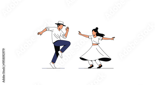 A man in a hat and a woman in a skirt are dynamically dancing in mid-action poses against a white background.
