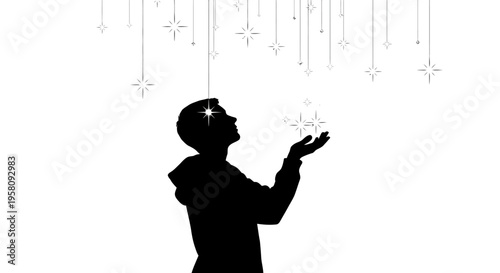 Vector silhouette of child catching stars
