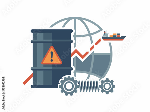 Icon representing global oil crisis with a warning barrel, shipping container, gears, and a fluctuating graph, symbolizing industry and economic instability.