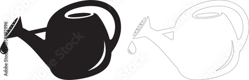 Black silhouette of watering can with water drop and outline